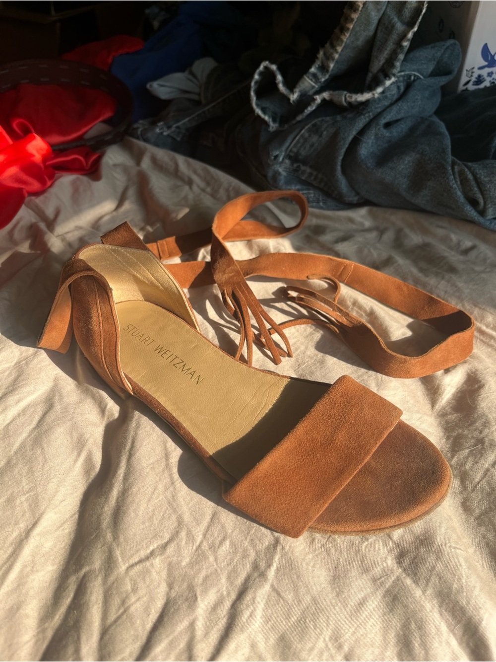 Stuart Weitzman Tan Suede Ankle-Tie Sandal